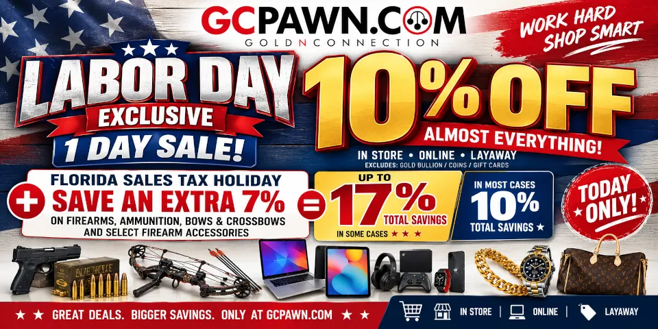 Labor Day Sale & Florida Sales tax holiday.  Today only.  10% almost everything + additional 7% off Firearms, Ammunition, Bows, Crossbows, and select firearm accessories.